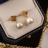 Golden Textured Square and Pearl Drop Earrings