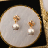 Golden Textured Square and Pearl Drop Earrings