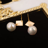 Golden Textured Square and Pearl Drop Earrings